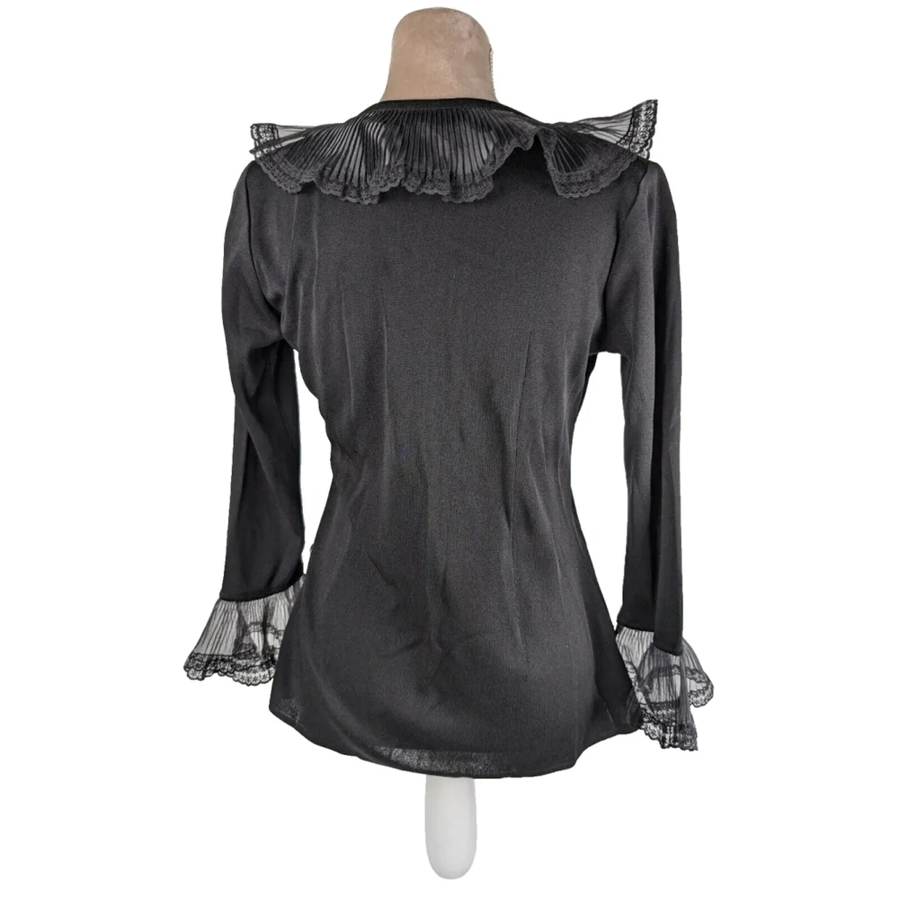 Exclusively Misook Pleated Ruffle Trim Black Faux Wrap Top Goth Grunge XS